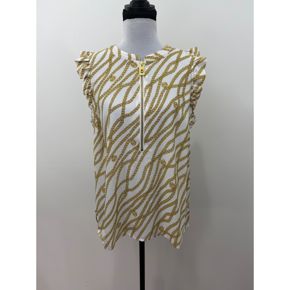 Michael Michael Kors Women White Gold Chain Print Ruffle Half Zip Blouse Medium